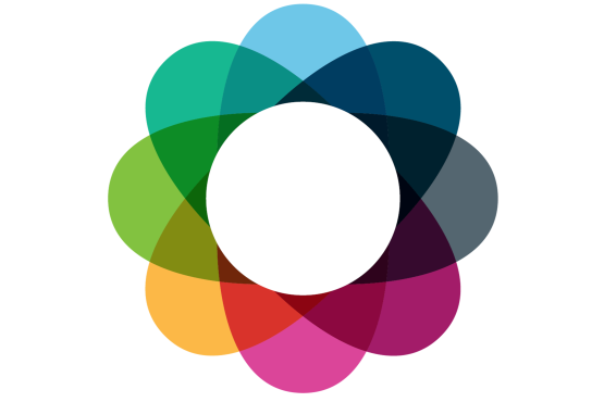 An abstract blue, gray, pink, yellow and green flower logo